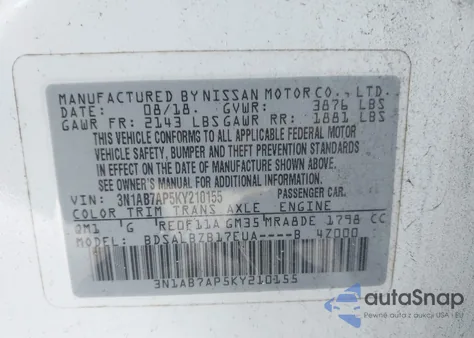 2019 Nissan Sentra S from USA, damaged, VIN 3N1AB7AP5KY210155